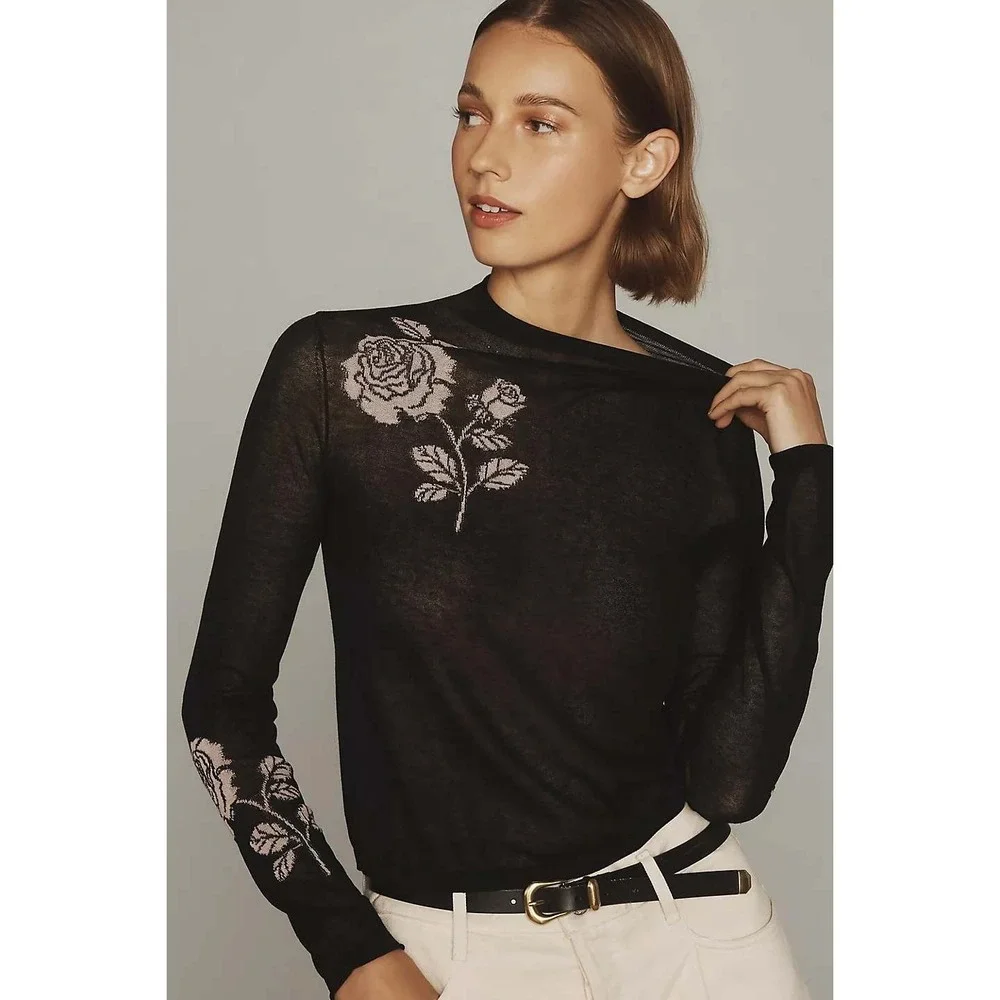 Black Rose-Embroidered Lightweight Sweater - Picture 1 of 16